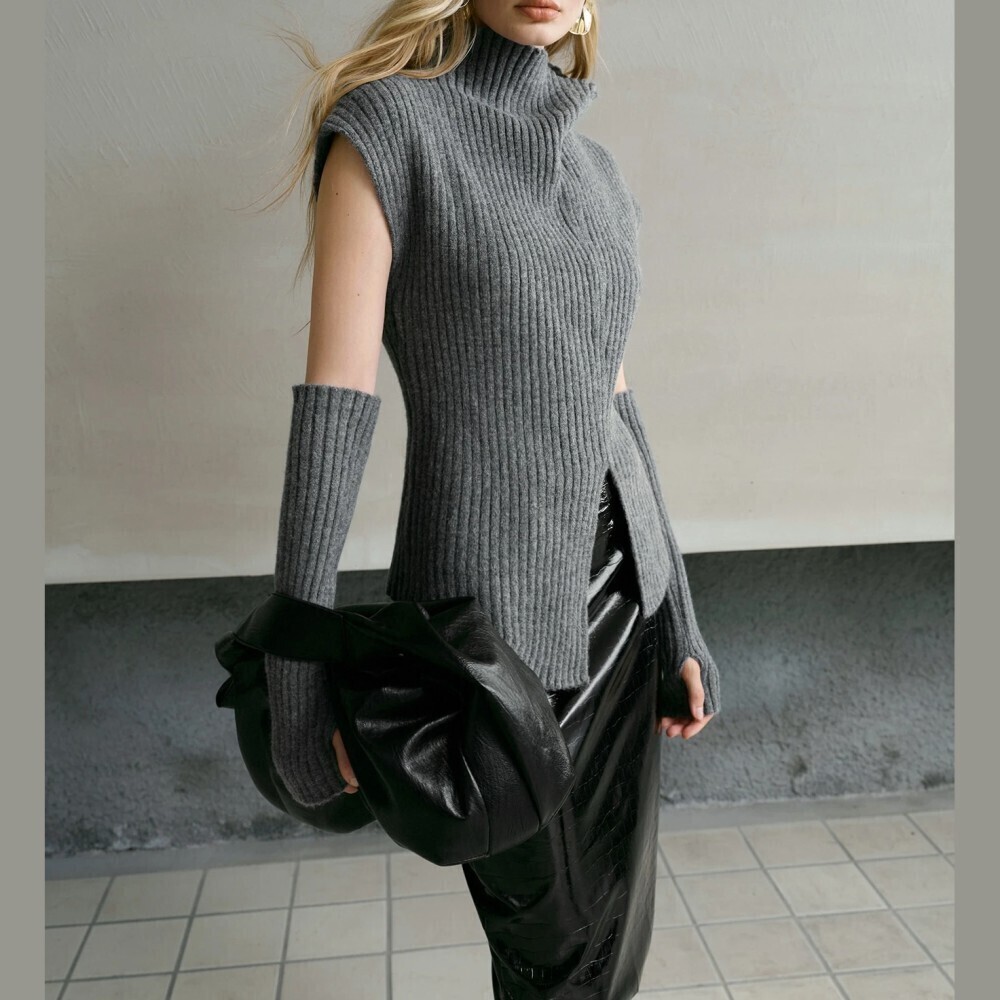 Gray Ribbed Knit Turtleneck Sweater Vest with Arm Warmers